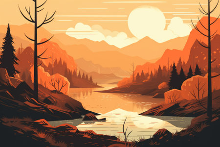 Sunset landscape with trees, mountains and river created using generative ai technology. Landscape and nature concept digitally generated image.の素材