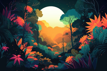 Rainforest with tropical plants at full moon, created using generative ai technology. Rainforest, nature and scenery concept digitally generated image.の素材