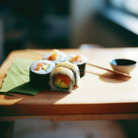 Close up of selection of sushi rolls, dish and chopstick, created using generative ai technology. Food, sushi and fresh japanese cuisine concept digitally generated image.の素材