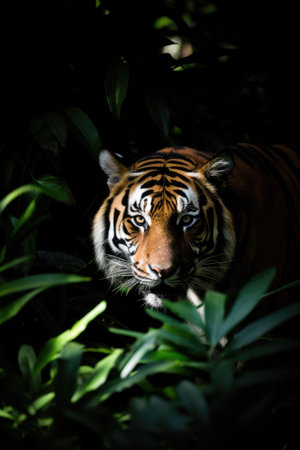 Portrait of tiger in tropical jungle leaves and plants, created using generative ai technology. Wild animal, wildlife, nature and beauty in nature concept digitally generated image.の素材