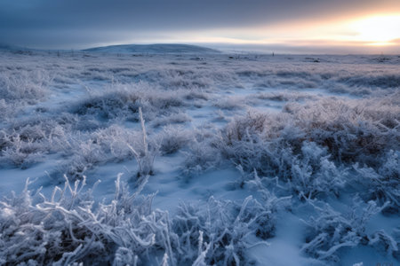 Frozen arctic tundra landscape with snow and sun, created using generative ai technology. Scenery, winter and beauty in nature concept digitally generated image.の素材