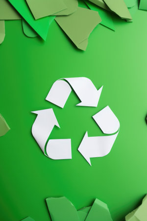 White arrows recycling sign and paper on green background, created using generative ai technology. Recycling, environment and climate change awareness concept digitally generated image.の素材