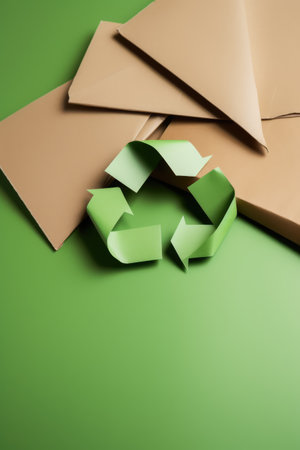 Green arrows recycling sign on paper background, created using generative ai technology. Recycling, environment and climate change awareness concept digitally generated image.の素材