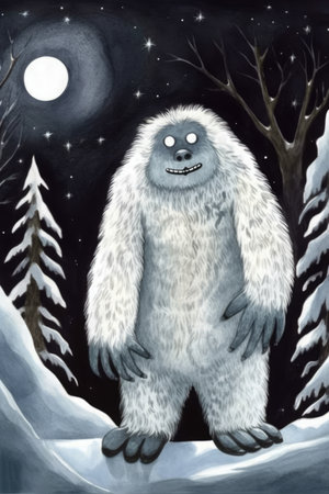 Snow yeti, full moon and trees covered in snow, created using generative ai technology. Yeti, winter scenery and beauty in nature concept digitally generated image.の素材