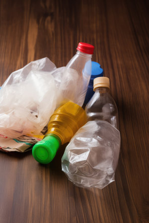 Plastic bottles on wooden background, created using generative ai technology. Recycling, environment and climate change awareness concept digitally generated image.の素材