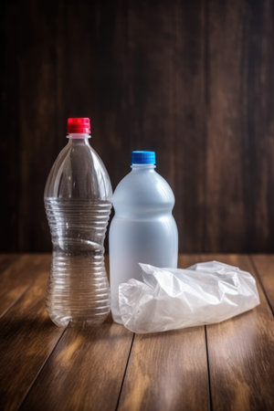 Plastic bottles on wooden background, created using generative ai technology. Recycling, environment and climate change awareness concept digitally generated image.の素材