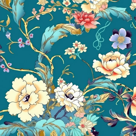 Repeatable pattern of chinoiserie on green background, created using generative ai technology. Chinoiserie, interior design and decorative pattern concept digitally generated image.の素材