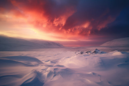 Frozen arctic tundra landscape with red clouds and snow, created using generative ai technology. Scenery, winter and beauty in nature concept digitally generated image.の素材
