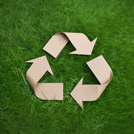 Paper arrows recycling sign on grass background, created using generative ai technology. Recycling, environment and climate change awareness concept digitally generated image.の素材