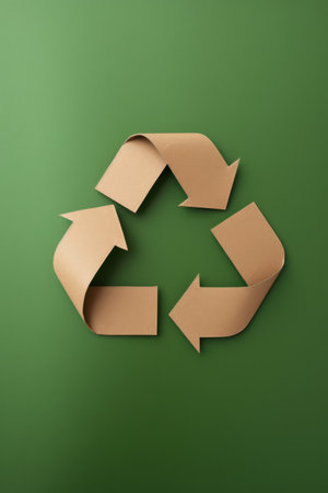 Paper arrows recycling sign on green background, created using generative ai technology. Recycling, environment and climate change awareness concept digitally generated image.の素材