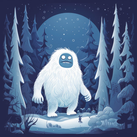 Snow yeti, full moon and trees covered in snow, created using generative ai technology. Yeti, winter scenery and beauty in nature concept digitally generated image.の素材