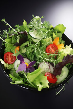 Close up of plate of fresh salad with cucumber and tomatoes, created using generative ai technology. Fresh food and healthy eating concept digitally generated image.の素材