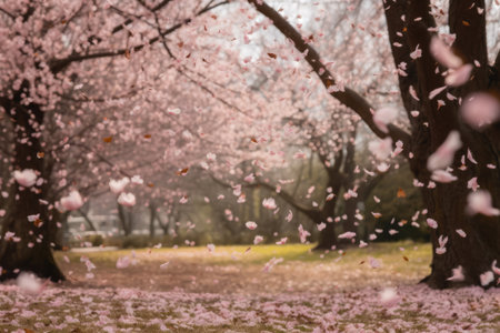 Close up of cherry blossoms falling off trees, created using generative ai technology. Cherry blossom, beauty in nature and spring concept digitally generated image.の素材