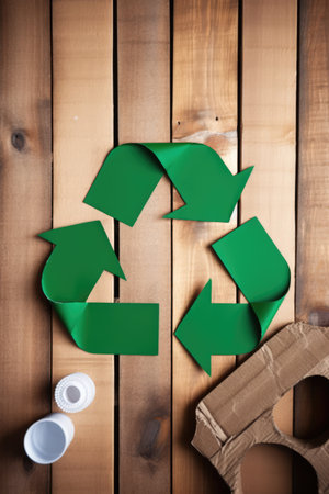 Green arrows recycling sign on wooden background, created using generative ai technology. Recycling, environment and climate change awareness concept digitally generated image.の素材