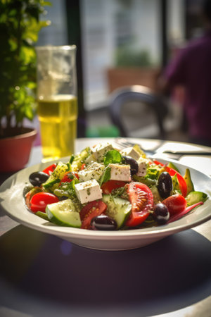 Plate of fresh salad with feta cheese and vegetables, created using generative ai technology. Fresh food and healthy eating concept digitally generated image.の素材