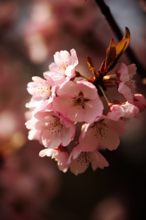 Close up of pink cherry blossoms, created using generative ai technology. Cherry blossom, beauty in nature and spring concept digitally generated image.の素材