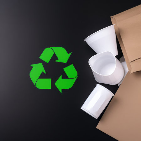 Green arrows recycling sign and paper on black background, created using generative ai technology. Recycling, environment and climate change awareness concept digitally generated image.の素材