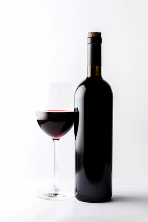 Wine bottle and glass with red wine on white background, created using generative ai technology. Wine week, drink, alcohol and wine tasting awareness concept digitally generated image.の素材