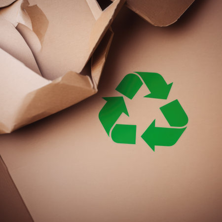 Green arrows recycling sign on paper background, created using generative ai technology. Recycling, environment and climate change awareness concept digitally generated image.の素材