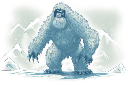 Snow yeti and mountains covered in snow, created using generative ai technology. Yeti, winter scenery and beauty in nature concept digitally generated image.の素材