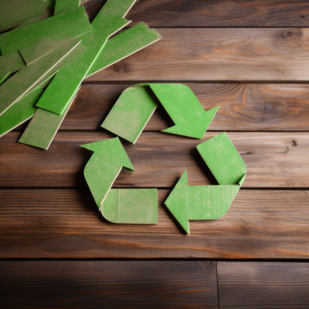 Green arrows recycling sign on wooden background, created using generative ai technology. Recycling, environment and climate change awareness concept digitally generated image.の素材