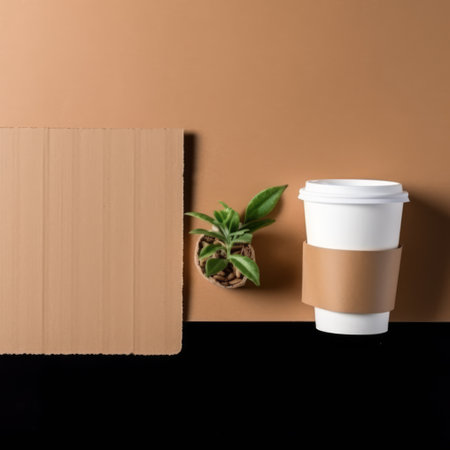 Plant, paper cup and paper on black background, created using generative ai technology. Recycling, environment and climate change awareness concept digitally generated image.の素材