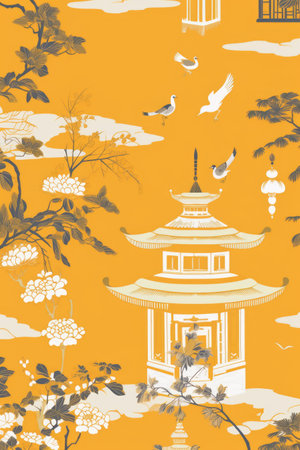 Repeatable pattern of chinoiserie on orange background, created using generative ai technology. Chinoiserie, interior design and decorative pattern concept digitally generated image.の素材