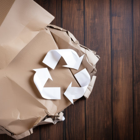White arrows recycling sign on paper and wooden background, created using generative ai technology. Recycling, environment and climate change awareness concept digitally generated image.の素材