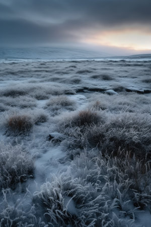 Frozen arctic tundra landscape with clouds and snow, created using generative ai technology. Scenery, winter and beauty in nature concept digitally generated image.の素材
