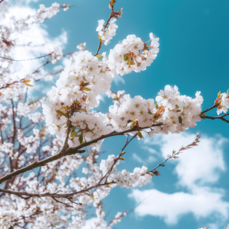 Cherry blossoms against blue sky, created using generative ai technology. Cherry blossom, beauty in nature and spring concept digitally generated image.の素材