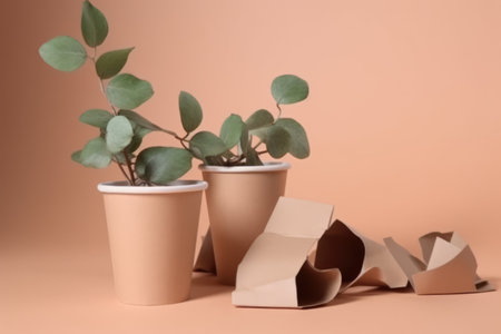 Close up of plants in paper cups on pink background, created using generative ai technology. Recycling, environment and climate change awareness concept digitally generated image.の素材