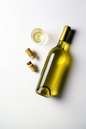 White wine in glass, bottle and corks on white background, created using generative ai technology. Wine week, drink, alcohol and wine tasting awareness concept digitally generated image.の素材