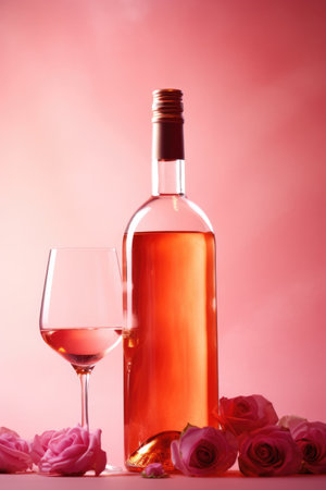 Bottle and glass of rose wine on pink background, created using generative ai technology. Wine week, drink, alcohol and wine tasting awareness concept digitally generated image.の素材