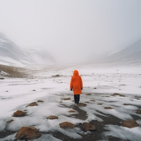 Woman walking in frozen arctic tundra landscape, created using generative ai technology. Scenery, winter and beauty in nature concept digitally generated image.の素材
