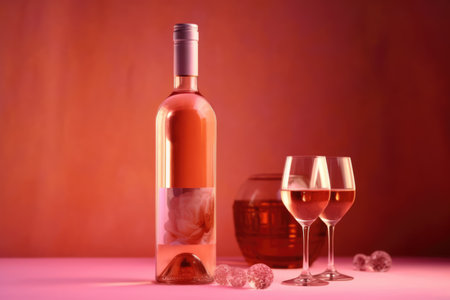 Bottle and two glasses of rose wine on pink background, created using generative ai technology. Wine week, drink, alcohol and wine tasting awareness concept digitally generated image.の素材