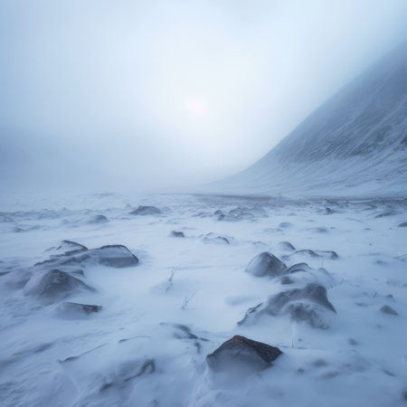 Frozen arctic tundra landscape with mist and snow, created using generative ai technology. Scenery, winter and beauty in nature concept digitally generated image.の素材