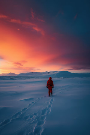Man walking in frozen arctic tundra landscape, created using generative ai technology. Scenery, winter and beauty in nature concept digitally generated image.の素材