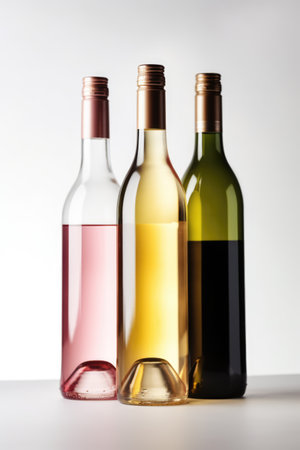 Three bottles of red white and rose wine on white background, created using generative ai technology. Wine week, drink, alcohol and wine tasting awareness concept digitally generated image.の素材