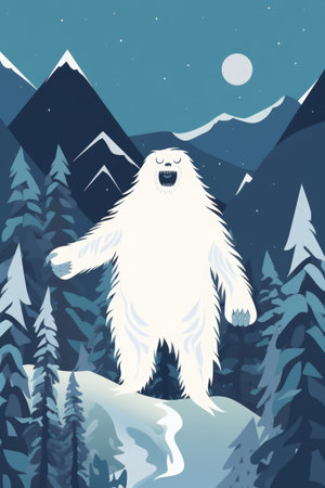 Snow yeti, full moon and trees covered in snow, created using generative ai technology. Yeti, winter scenery and beauty in nature concept digitally generated image.の素材