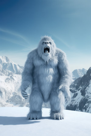 Snow yeti and mountains covered in snow, created using generative ai technology. Yeti, winter scenery and beauty in nature concept digitally generated image.の素材