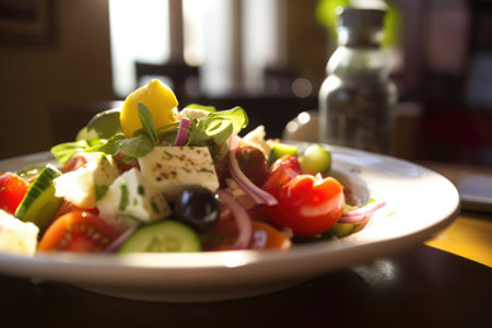 Close up of plate of fresh salad with feta cheese, created using generative ai technology. Fresh food and healthy eating concept digitally generated image.の素材
