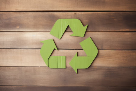Green arrows recycling sign on wooden background, created using generative ai technology. Recycling, environment and climate change awareness concept digitally generated image.の素材