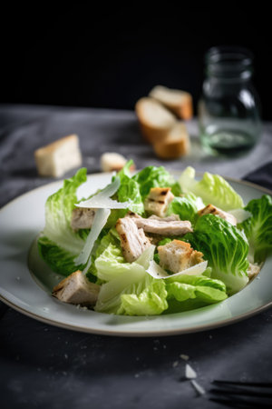 Close up of plate of fresh caesar salad with croutons, created using generative ai technology. Fresh food and healthy eating concept digitally generated image.の素材
