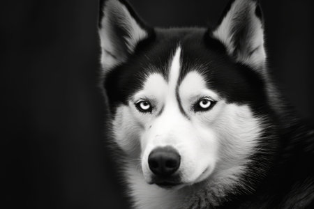 Close up of siberian husky in black and white, created using generative ai technology. Siberian husky, dog and nature concept digitally generated image.の素材