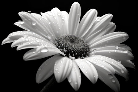 White daisy flower in black and white on black background, created using generative ai technology. Daisy, flower, pattern, nature in black and white concept digitally generated image.の素材