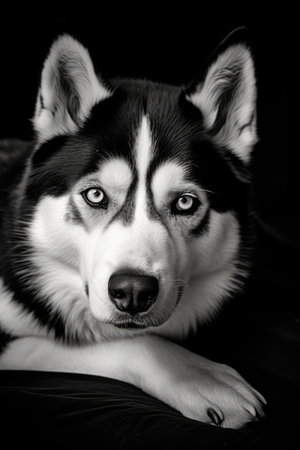 Close up of siberian husky in black and white, created using generative ai technology. Siberian husky, dog and nature concept digitally generated image.の素材