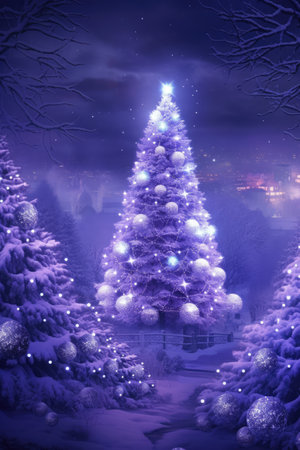 Purple christmas tree and baubles on purple background, created using generative ai technology. Christmas, celebration and decoration wallpaper concept digitally generated image.の素材