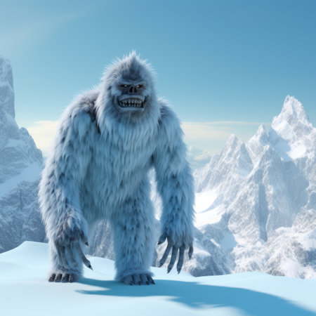 Snow yeti and mountains covered in snow, created using generative ai technology. Yeti, winter scenery and beauty in nature concept digitally generated image.の素材