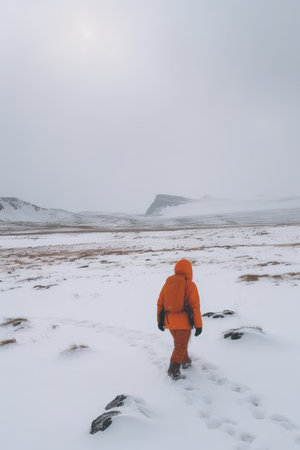 Man walking in frozen arctic tundra landscape, created using generative ai technology. Scenery, winter and beauty in nature concept digitally generated image.の素材