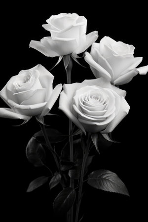 White roses in black and white on black background, created using generative ai technology. Flowers, pattern and nature concept digitally generated image.の素材